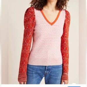 Anthropologie Red and Pink V-Neck Sweater with Patterned Sleeves